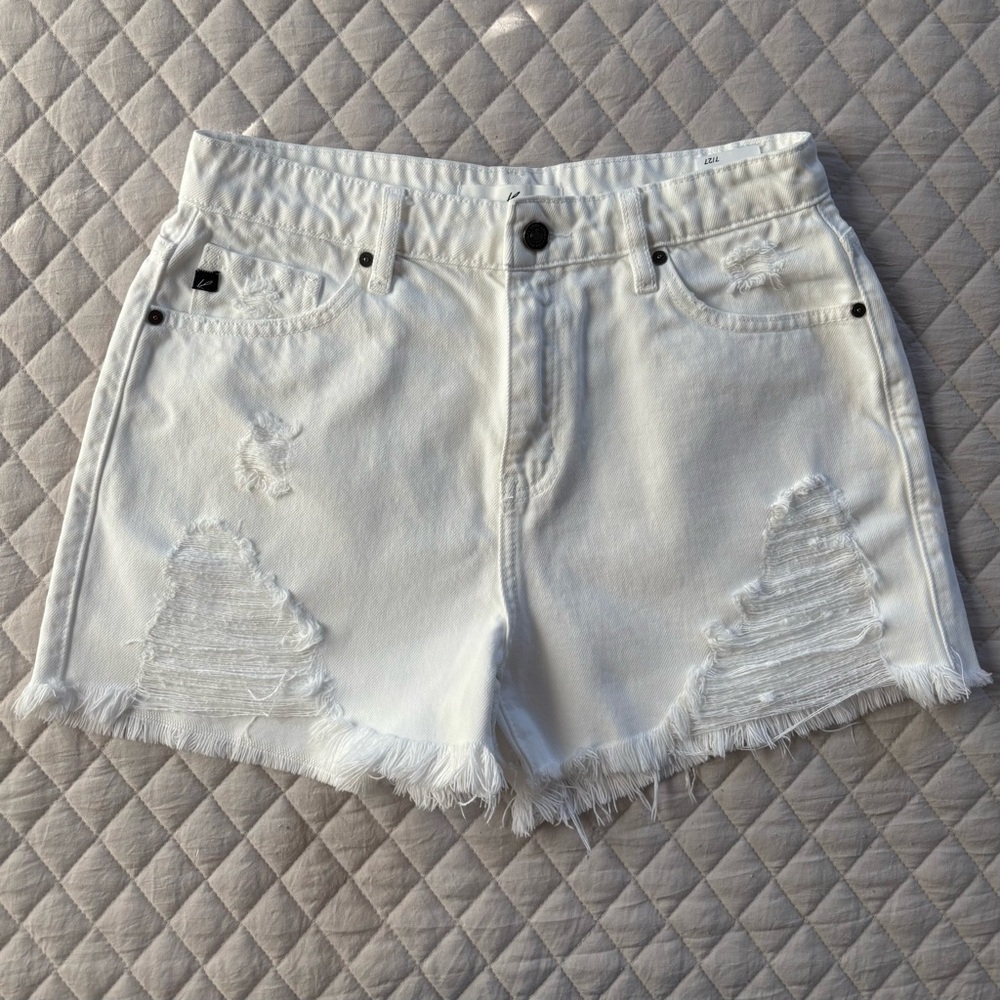 KanCan High Waist White Frayed Denim Shorts